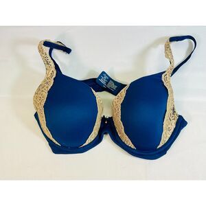 SOMA Embraceable Full Coverage Lace Trim Blue Beige Bra 34D EUC Underwire Bow
